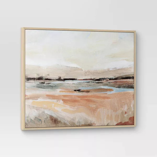 (Set of 2) Faded Landscape Framed Wall Canvases Natural - Polystyrene Frame, Blockprint Art