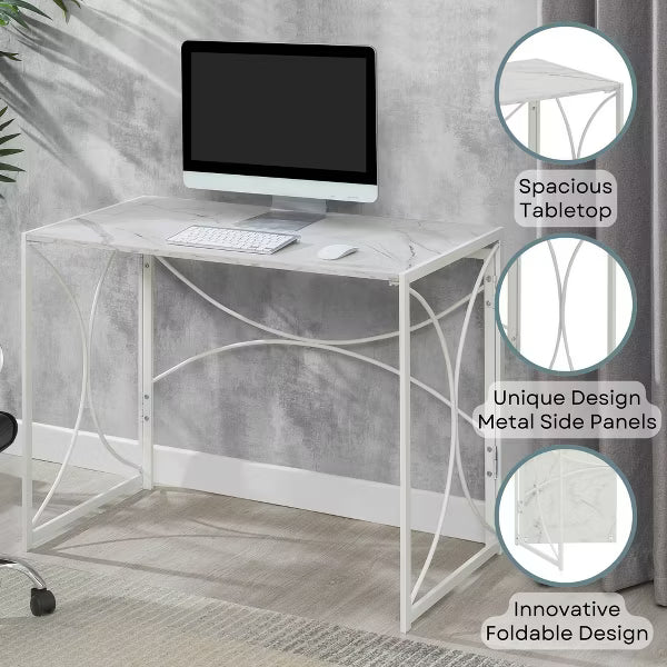 Nova Folding Desk in White Faux Marble/White