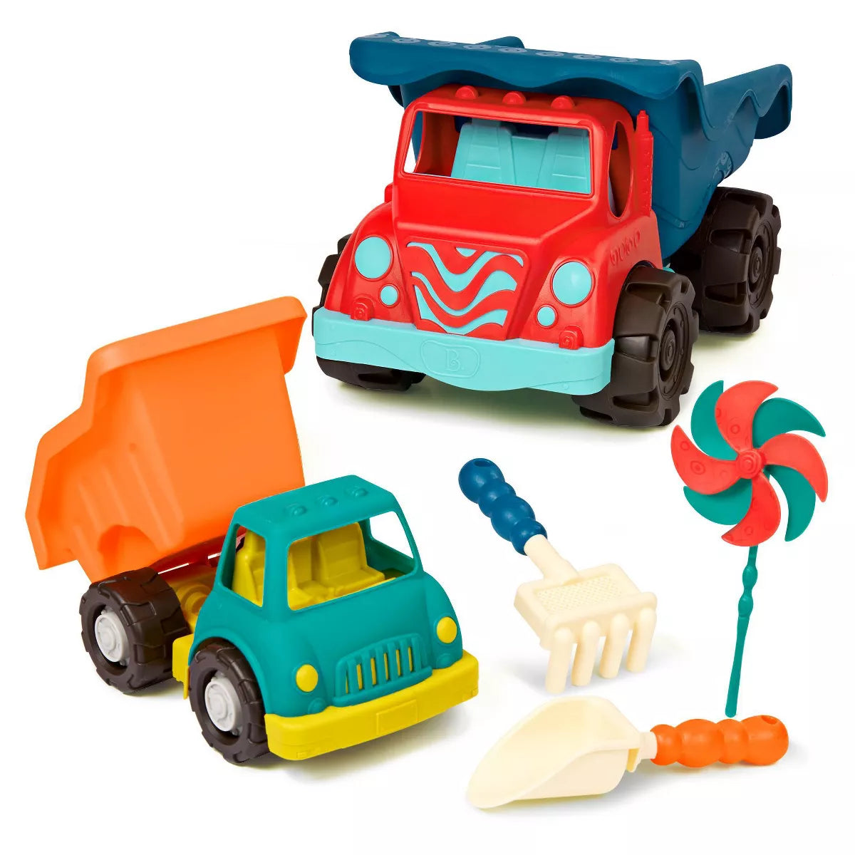 Dump Truck Duo 2 Toy Dump Trucks & 3 Beach Toys