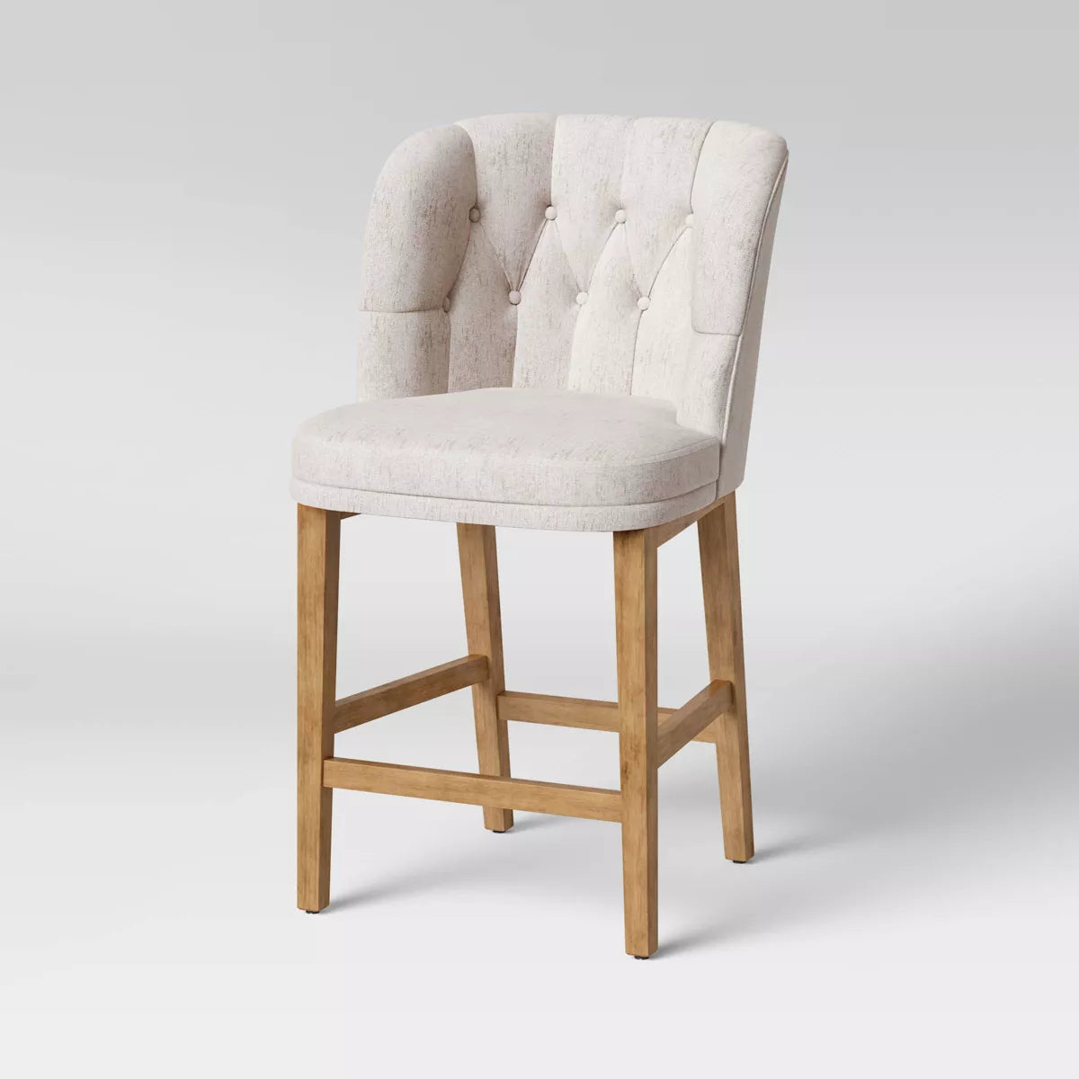 Winfall Tufted Barrel Counter Height Barstool Linen: Ergonomic, Rubberwood Legs, Polyester Upholstery