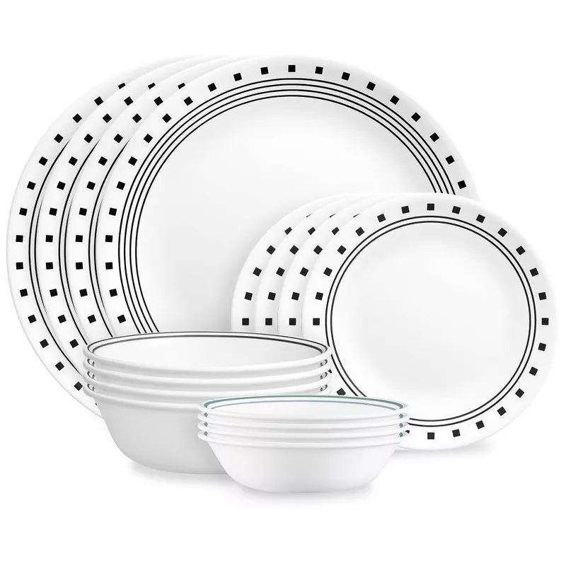16pc Vitrelle City Block Dinnerware Set: Geometric Pattern, Service for 4, Includes Plates & Bowls, Dishwasher-Safe