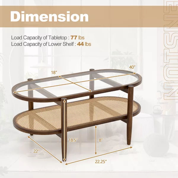 2-Tier Coffee Table Tempered Glass Top with PE Rattan Shelf & Acacia Wood Frame Black/Brown