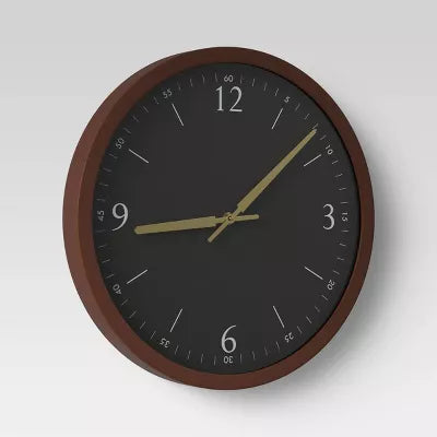 Walnut Woodgrain Wall Clock Black - Modern Analog Display, Indoor Decorative Timepiece