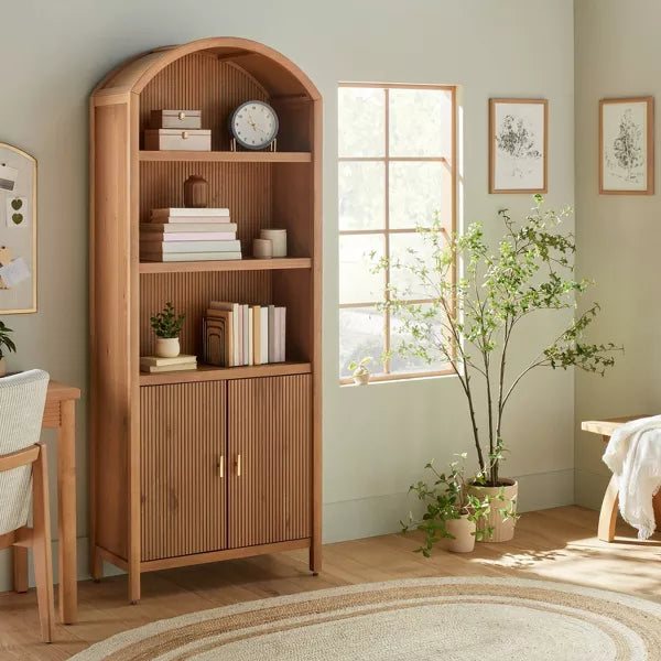 Grooved Wood Arch Bookcase Cabinet