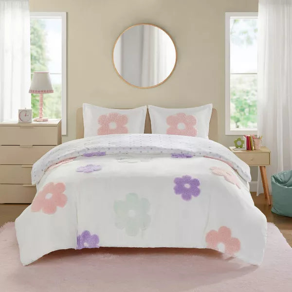 Elle Floral Reversible Tufted Chenille Kids' Duvet Cover Set White/Purple - Twin