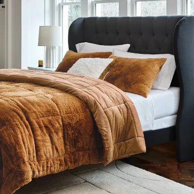 Luxe Box Stitch Faux Rabbit Fur Comforter and Sham Set Brown - Full/Queen