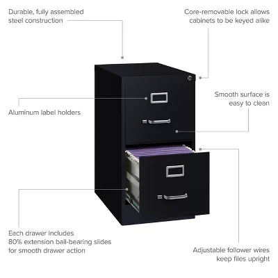 2 Drawer Vertical File Cabinet Black: Steel Frame, No Assembly Required