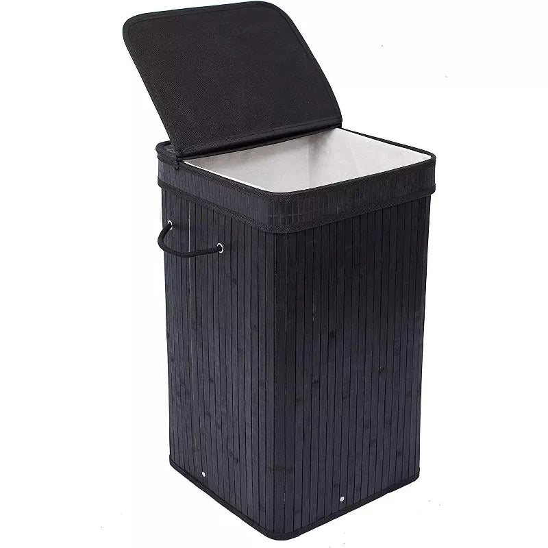 Bamboo Square Laundry Hamper with Lid and Cloth Liner - Black
