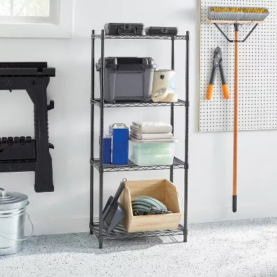 4 Tier Wire Shelving Black -  Steel Utility Storage, Adjustable Feet & Shelves