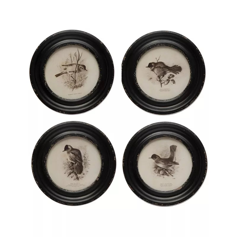 (Set of 4) Round Wood Framed Bird Wall Art Set Black and Ivory