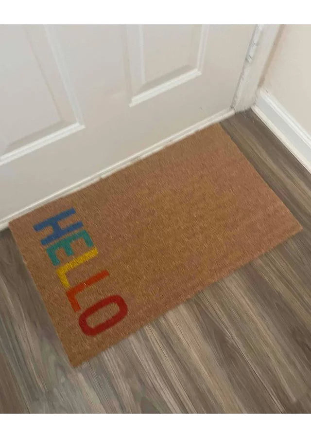 'Hello' Rainbow Coir Doormat Natural