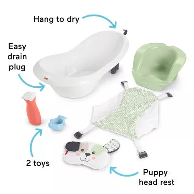 Baby to Toddler Bath 4-in-1 Sling ‘n Seat Tub with Removable Infant Support and 2 Toys, Puppy Perfection