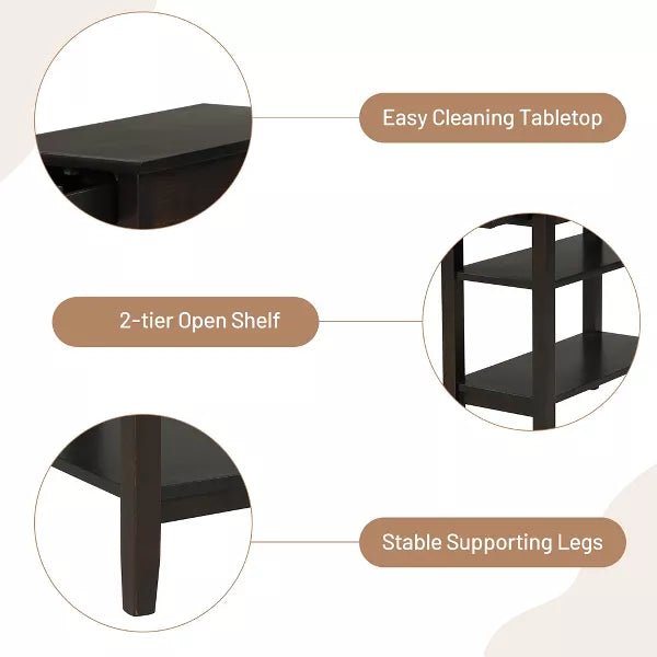 3-Tier Side End Table with Drawer Double Shelf Narrow Nightstand Espresso-Black