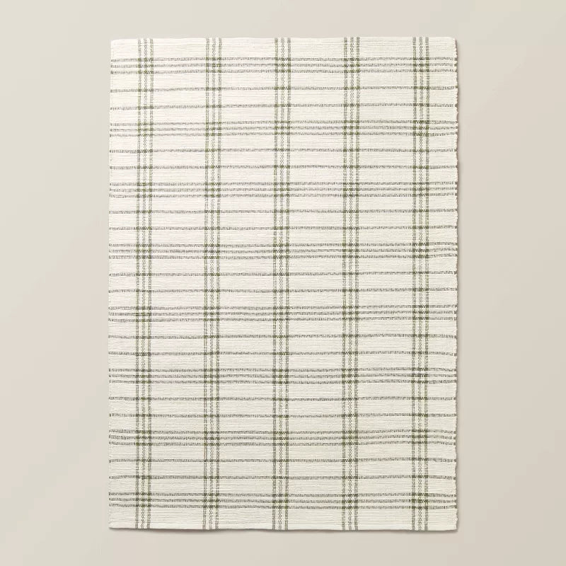 Tri-Stripe Plaid Handmade Woven Area Rug Green/Cream - 7'x10'