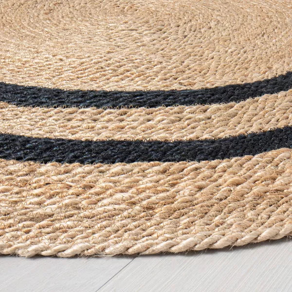 Round Double Stripe Braided Jute Area Rug Charcoal/Tan Indoor Farmhouse Style, Machine Made