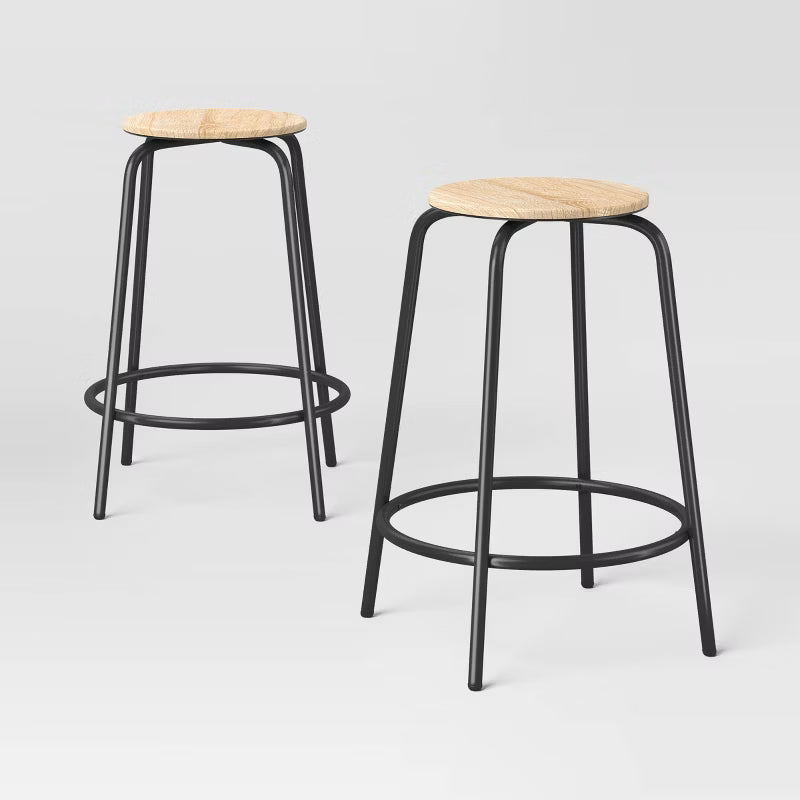 Set of 2 Wood with and Metal Base Backless Counter Height Barstool Stool Natural