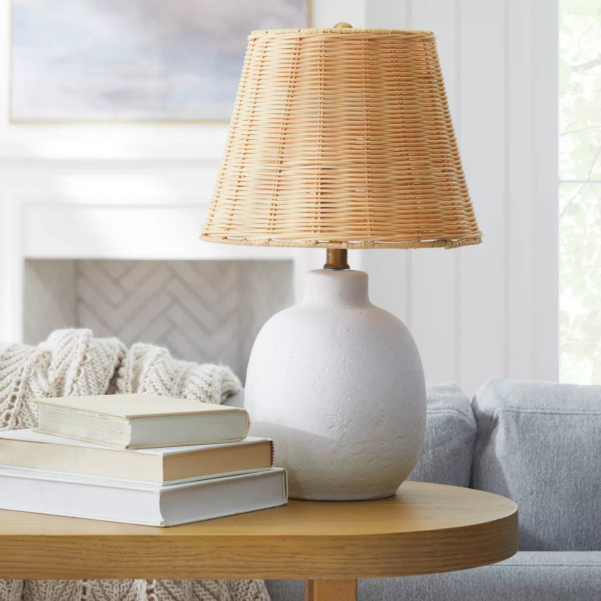 Ceramic Table Lamp with Rattan Shade White