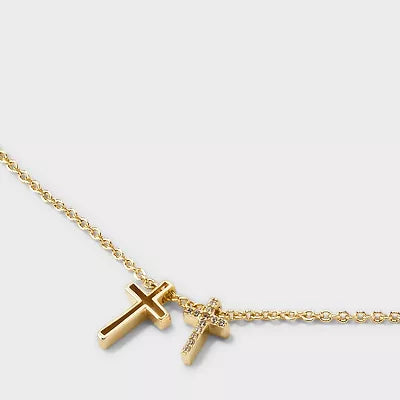 14K Gold Dipped Cubic Zirconia Double Cross Pendant Necklace - Gold