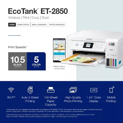EcoTank Wireless Color All-in-One Cartridge-Free Supertank Printer, Copier, Scanner - White