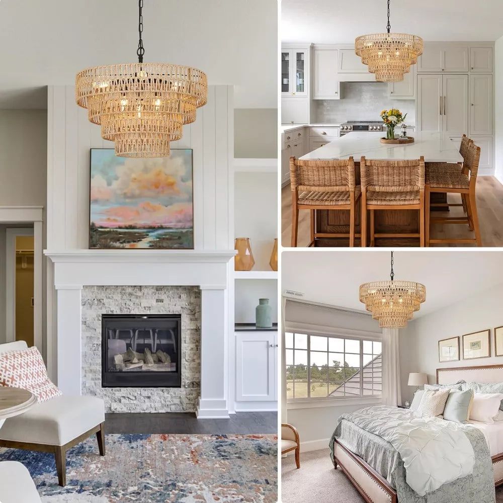 Rattan Shade Pendant Light, 6-Lights Boho Chandelier