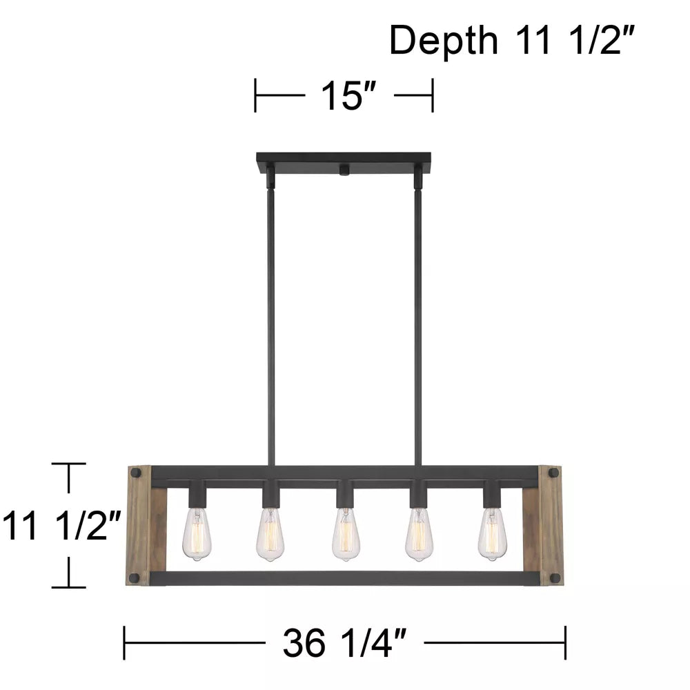 Black Linear Pendant Chandelier  Wide Rustic Farmhouse 5-Light Fixture for Kitchen Island Dining Room