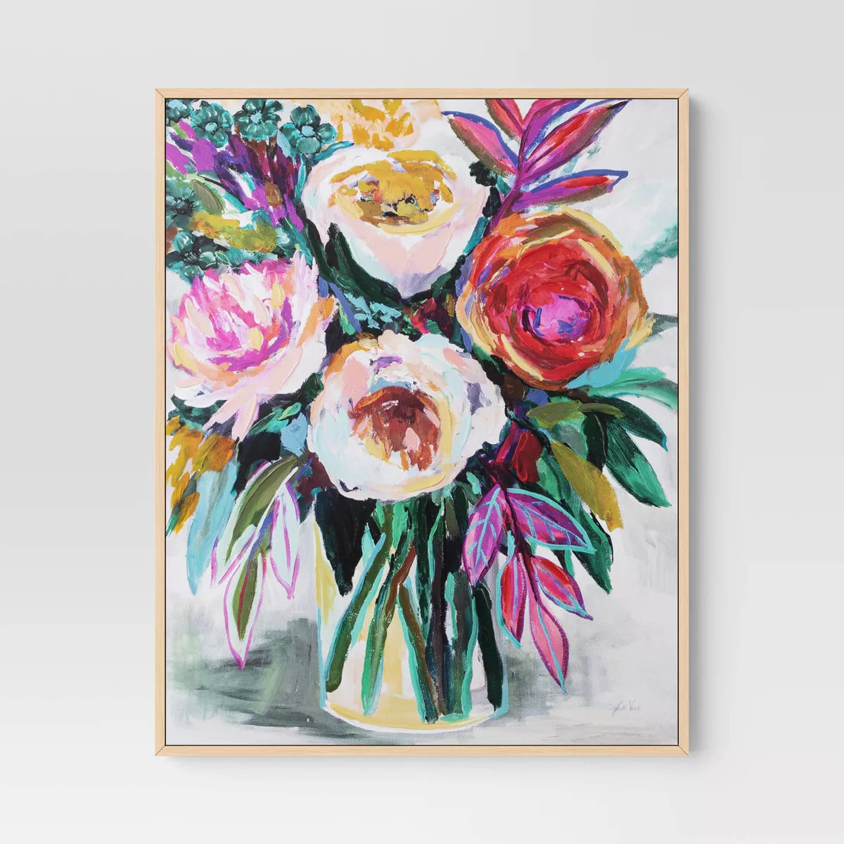 24" x 30" Colorful Floral Framed Canvas Natural SHOWROOM ITEM