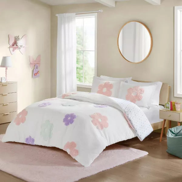 Elle Floral Reversible Tufted Chenille Kids' Duvet Cover Set White/Purple - Twin