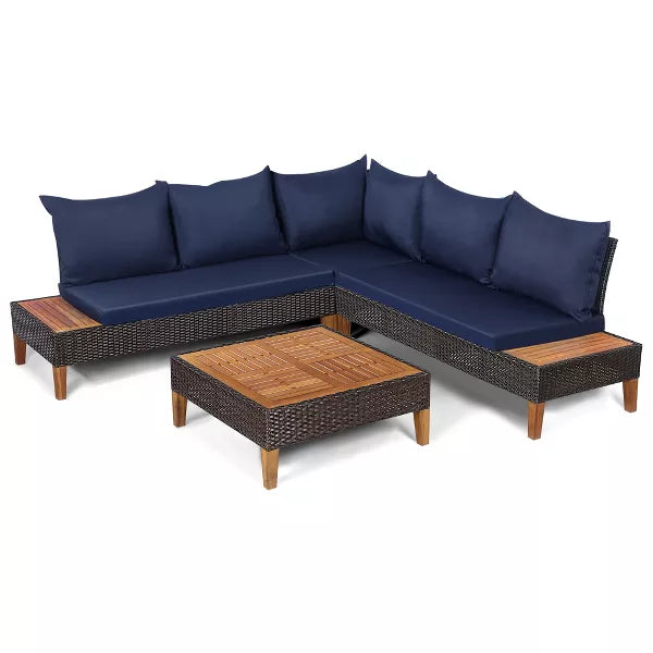 4PCS Patio Rattan Furniture Set Cushioned Loveseat w/Wooden Side Table - 3 BOXES