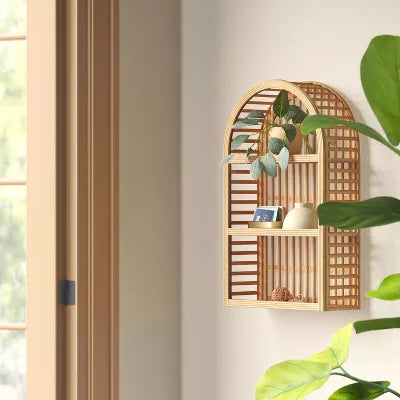 Wood and Rattan Wall Shelf Natural