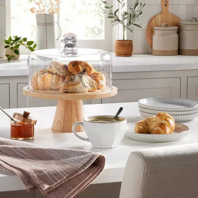 Wooden Cake Stand with Glass Cloche -  Rubberwood Pedestal, Farmhouse Style