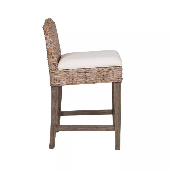 1-Piece Durham Rattan Counter Height Barstool with Upholstered Seat and Wood Base Tan: Cotton