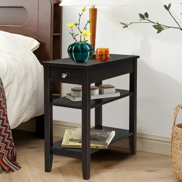 3-Tier Side End Table with Drawer Double Shelf Narrow Nightstand Espresso-Black