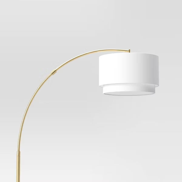 Knurled Metal Arc Floor Lamp with Tiered Shade Brass -Curved Standing Illumination
