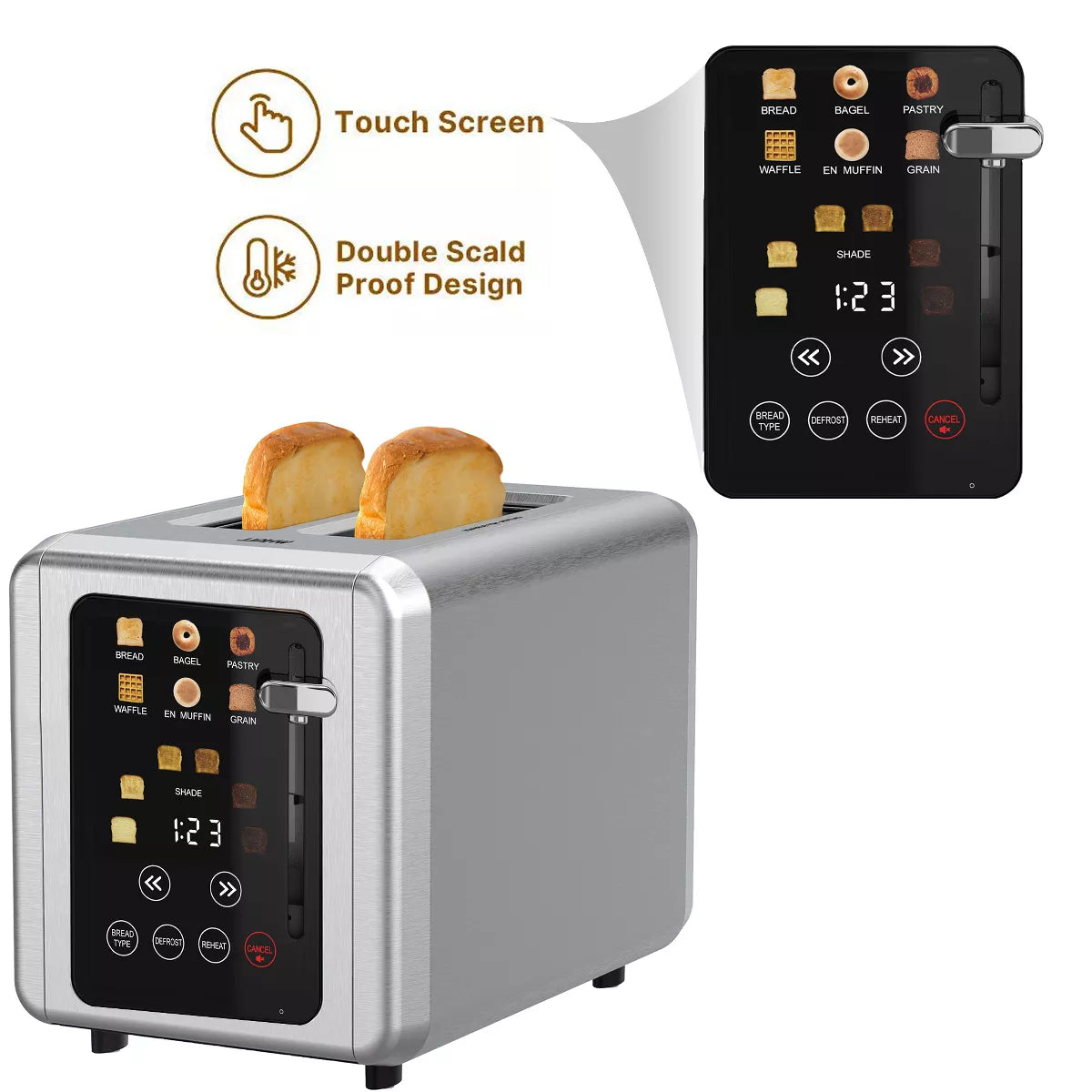 2 Slice Toasters, Touchscreen Dual Independent Control Panel, Smart Bread Toaster, Stainless Steel Toaster, Extra Wide Slots Toaster With Bagel