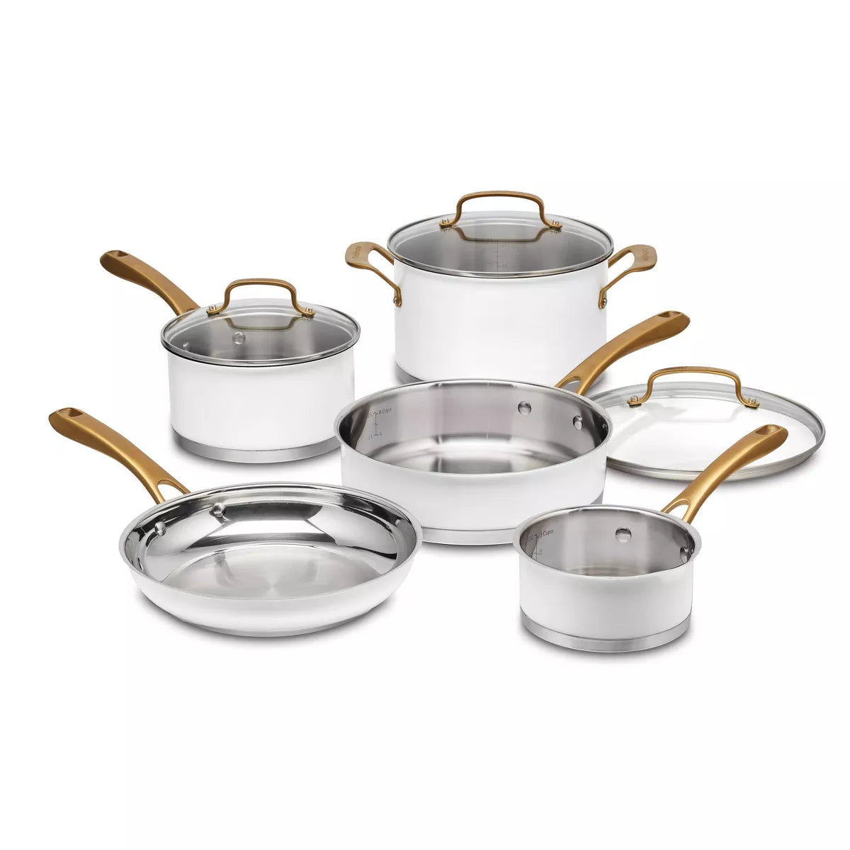 Classic 8pc Stainless Steel Cookware Set with Brushed Gold Handles Matte White: Induction & Oven Safe Pans