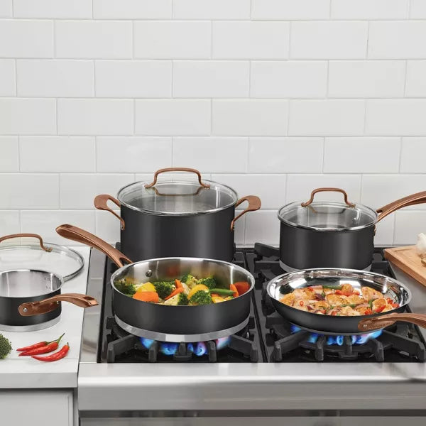 8pc Classic Matte Stainless Steel Cookware Set Black Blush Bronze Handles: Dishwasher-Safe, Tempered Glass Lids