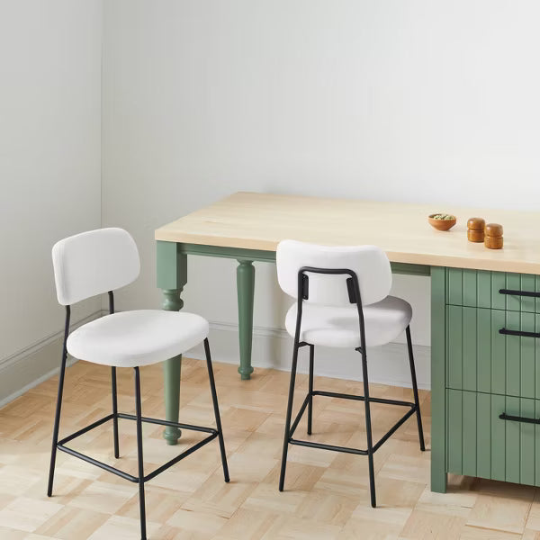 Upholstered with Metal Base Counter Height Barstool Cream Boucle - Set of 2