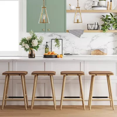 Barker Wood Cushioned Counter Height Barstool Warm Pine/Chestnut: Upholstered Rectangle