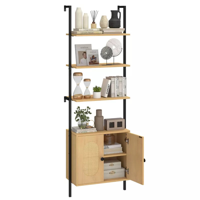 1/2 PCS Ladder Bookshelf with Rattan Cabinet Tall Wall Mounted Bookcase Natural