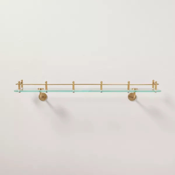 Decorative Glass Wall Shelf with Brass Rail - No Assembly, Wall-Mounted