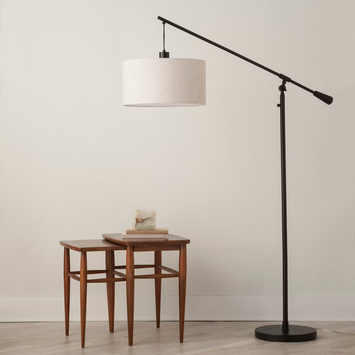 Cantilever Drop Pendant Swing Arm Floor Lamp Brown - Adjustable, Metal Body, Linen Shade