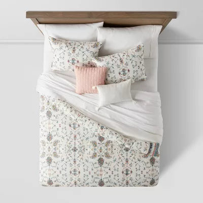 4pc Floral Border Print Comforter Bedding Set Blue/Pink/Yellow