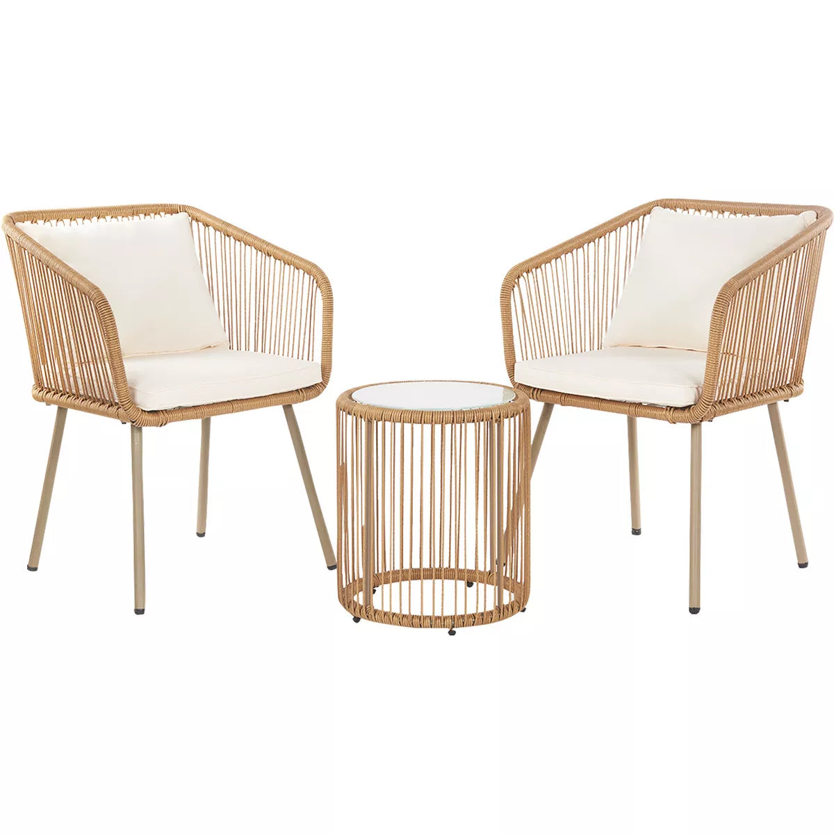 3 Piece Patio Furniture Set Rattan Bistro Furniture Set with Cushions & Glass Top Table for Garden Yard, White
