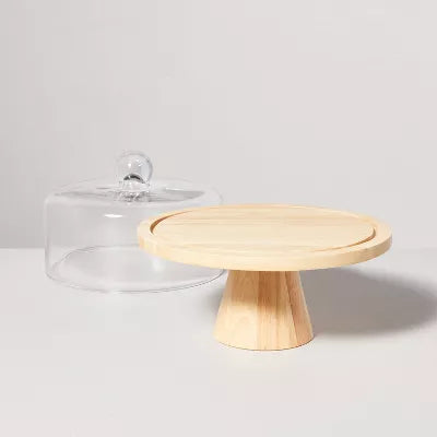 Wooden Cake Stand with Glass Cloche -  Rubberwood Pedestal, Farmhouse Style