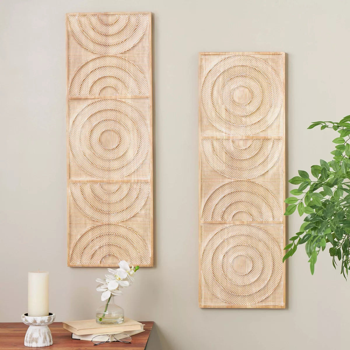 (Set of 2) Olivia & May Wood Geometric Carved Panel Arch Wall Decors - Light Brown SHOWROOM ITEM