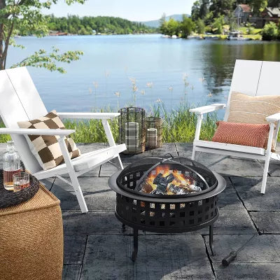 Metal Lattice Wood Burning Round Outdoor Fire Pit Black -Rust-Resistant Steel, Mesh Sides, Angled Legs