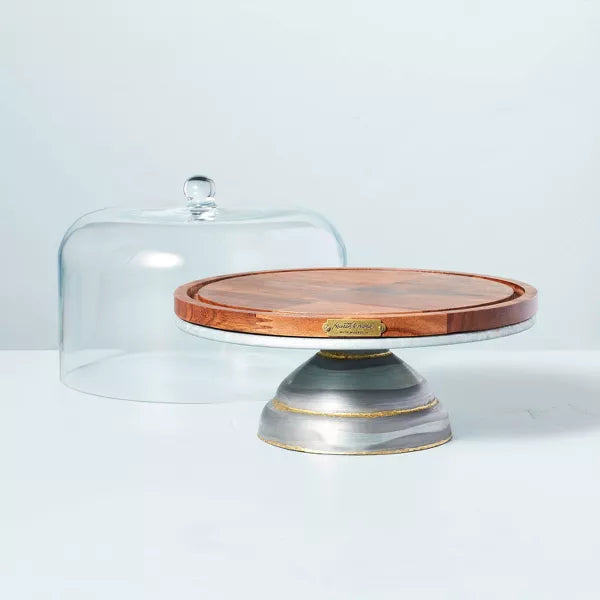 Galvanized Metal & Wood Cake Stand with Glass Cloche - Lacquered Iron & Acacia