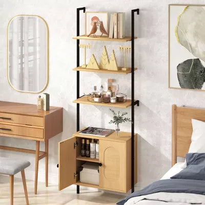 1/2 PCS Ladder Bookshelf with Rattan Cabinet Tall Wall Mounted Bookcase Natural