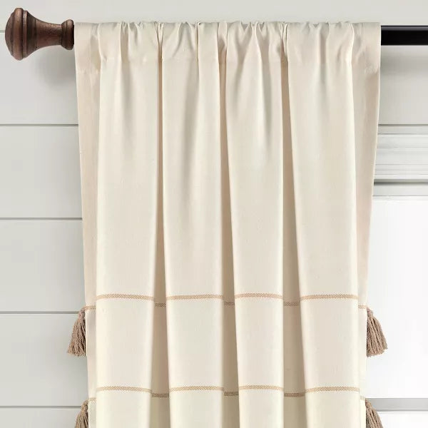 Set of 2 Farmhouse Boho Striped Woven Tassel Yarn Dyed Cotton Window Curtain Panels