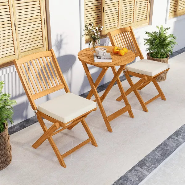 2 PCS Patio Bistro Set Acacia Wood Folding Set w/ Round Coffee Table & Padded Cushion Outdoor Chair and Table Set for Balcony Garden Beige